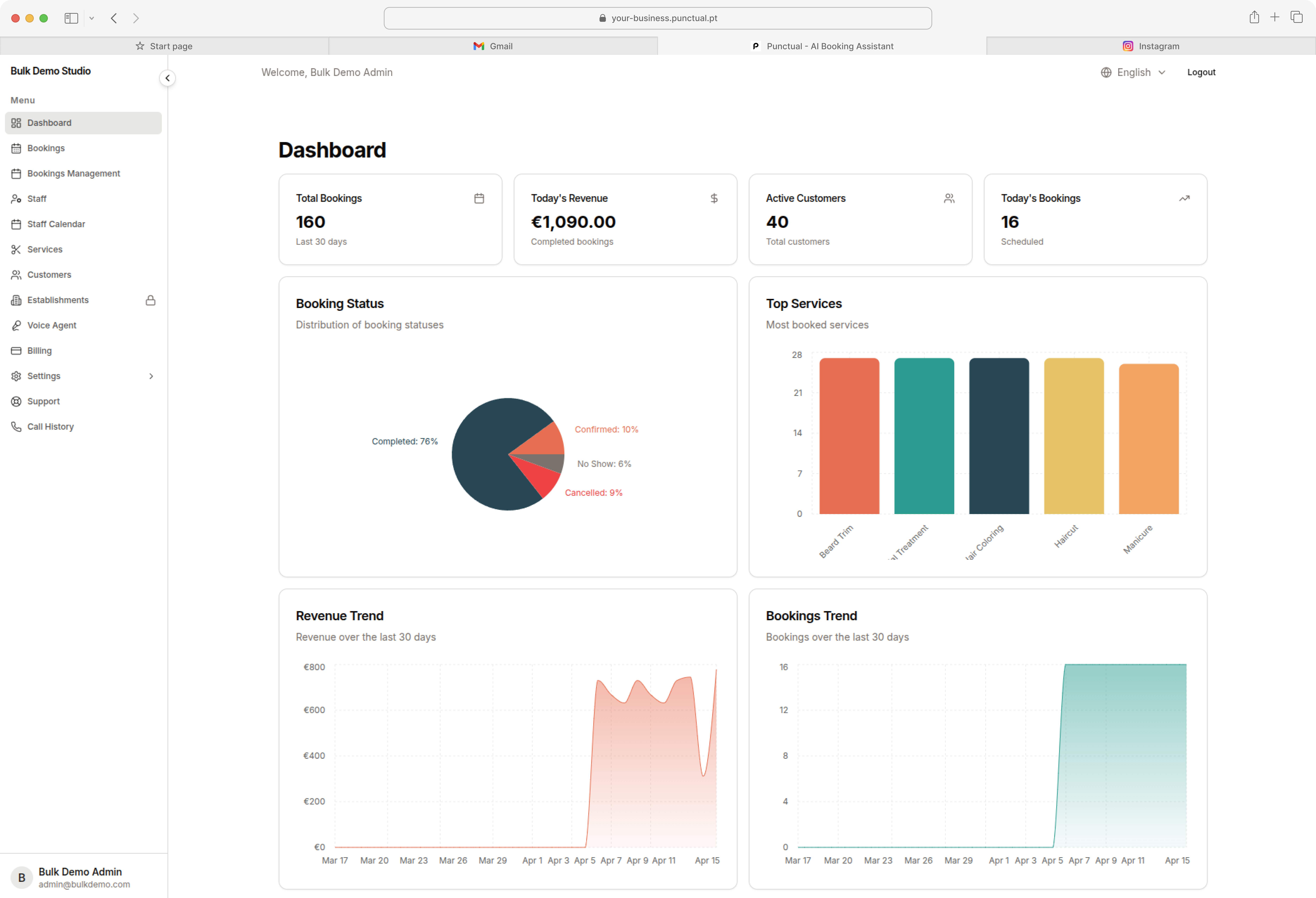 Punctual booking management dashboard interface showing calendar view, appointment scheduling, staff management, and AI voice assistant integration for automated booking